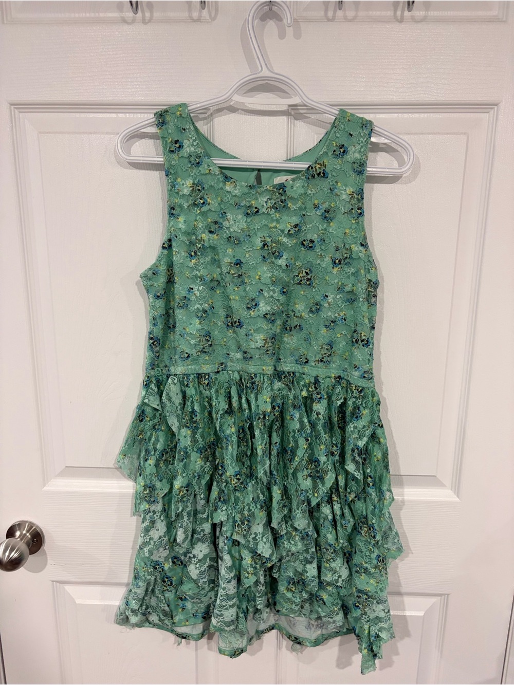 Girls’ Green Floral Lace Tiered Ruffle Party Dress